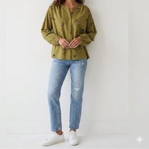 a.n.a Olive Green Floral-Trim Button Front Top